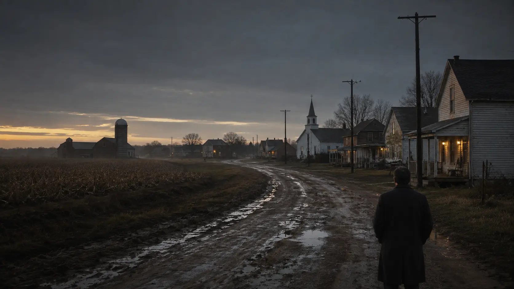 A rural road through Greyhaven, with weathered houses and fields beneath an overcast sky.