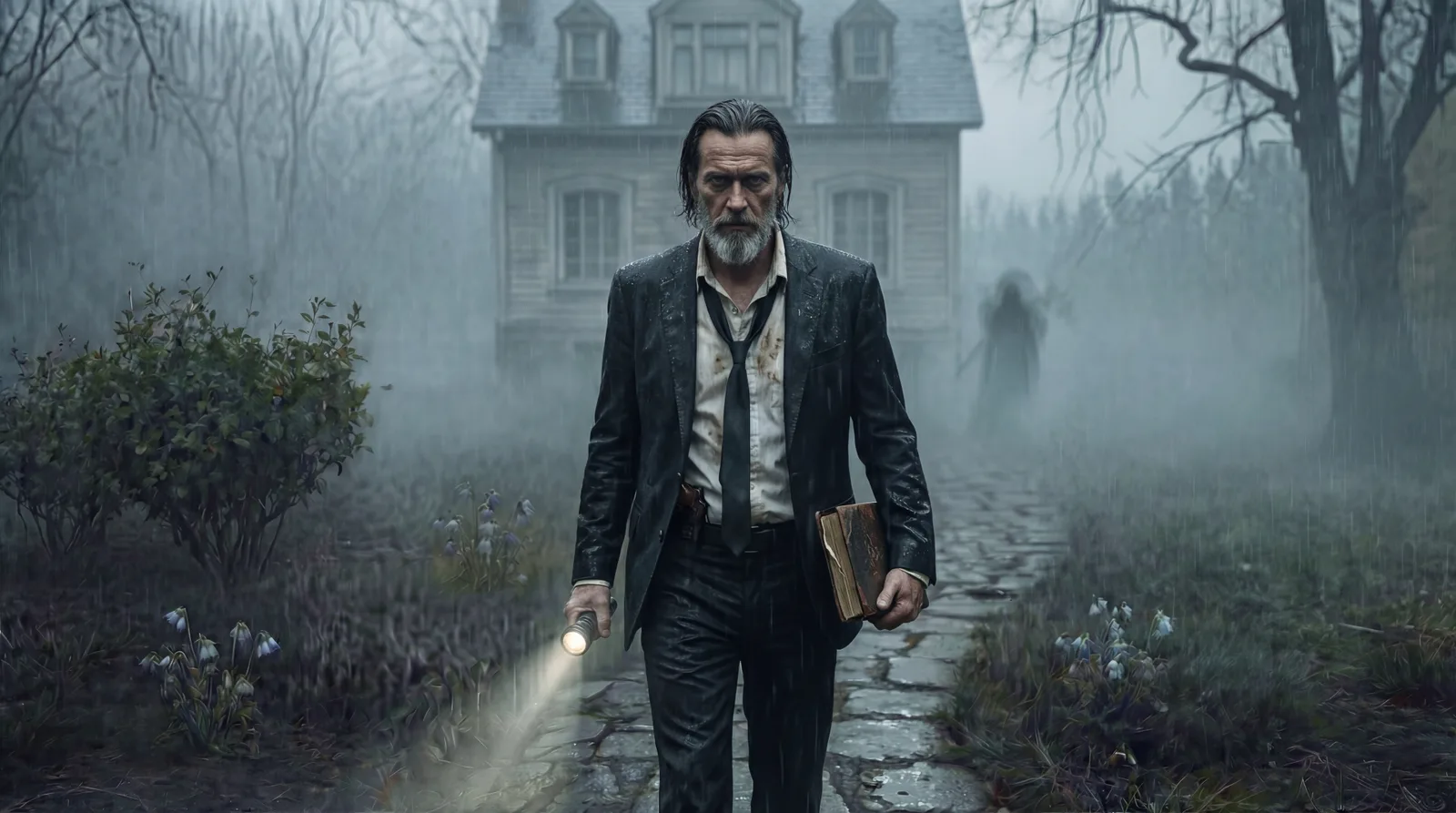 Dorian Hallow holding a flashlight outside a decaying house.