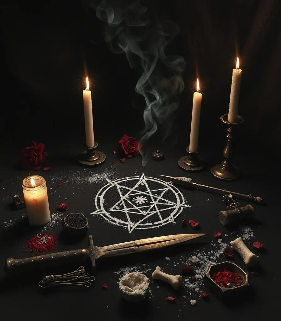 Candles and ritual markings in a dim room. Visual development artwork.